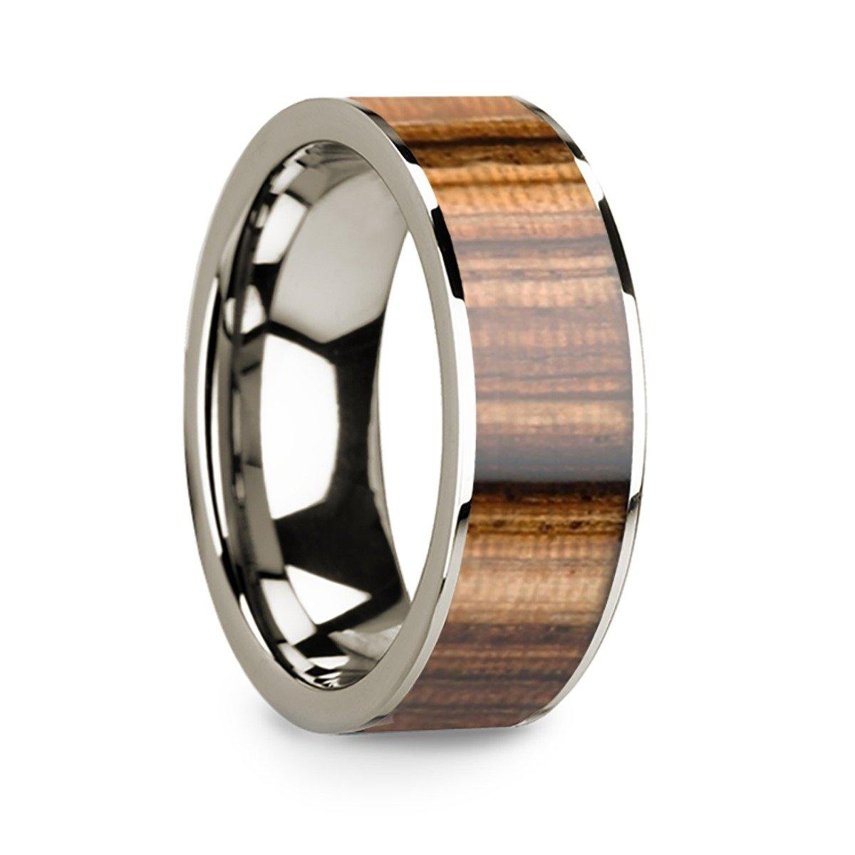 THAMES - Men’s Polished 14k White Gold & Zebra Wood Inlay Flat Wedding Ring - 8mm - The Rutile Ltd