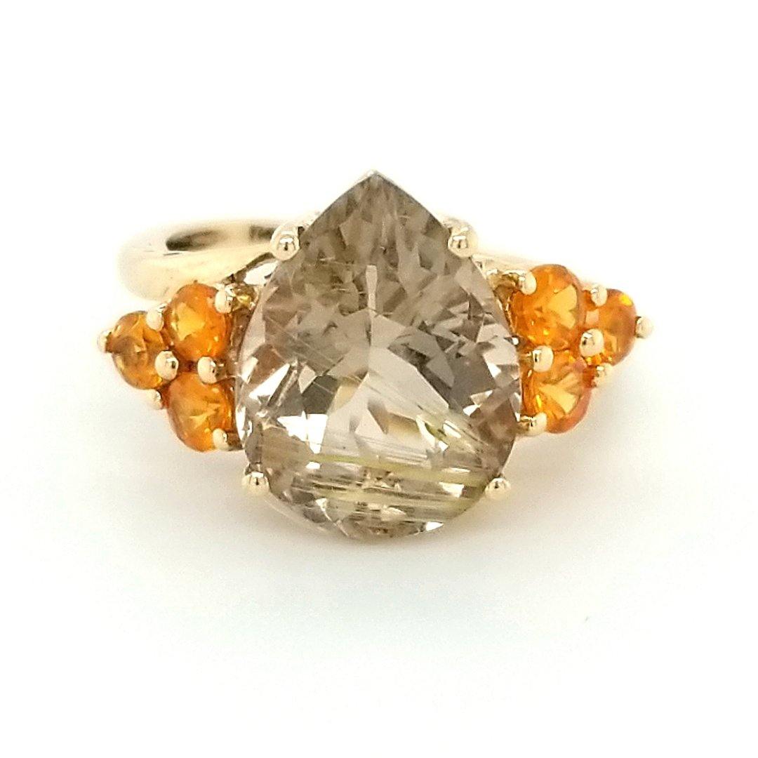 "The Declare" Rutilated Quartz and Spessartite Garnet Ring in 10kt Vintage Inspired Yellow Gold - The Rutile Ltd