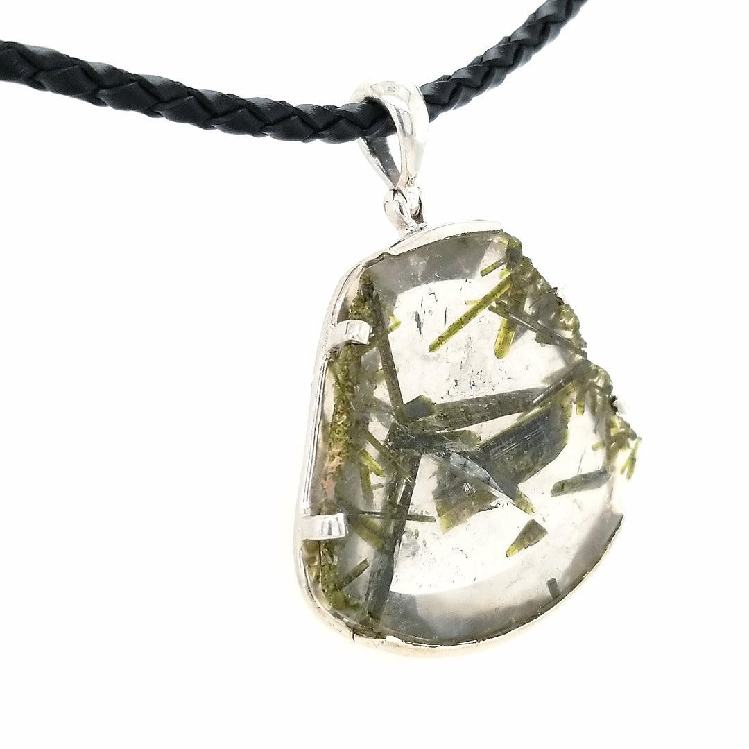 “The Emanate” - Epidote in Quartz Sterling Silver Pendant on an 18" Black Leather Cord - The Rutile Ltd