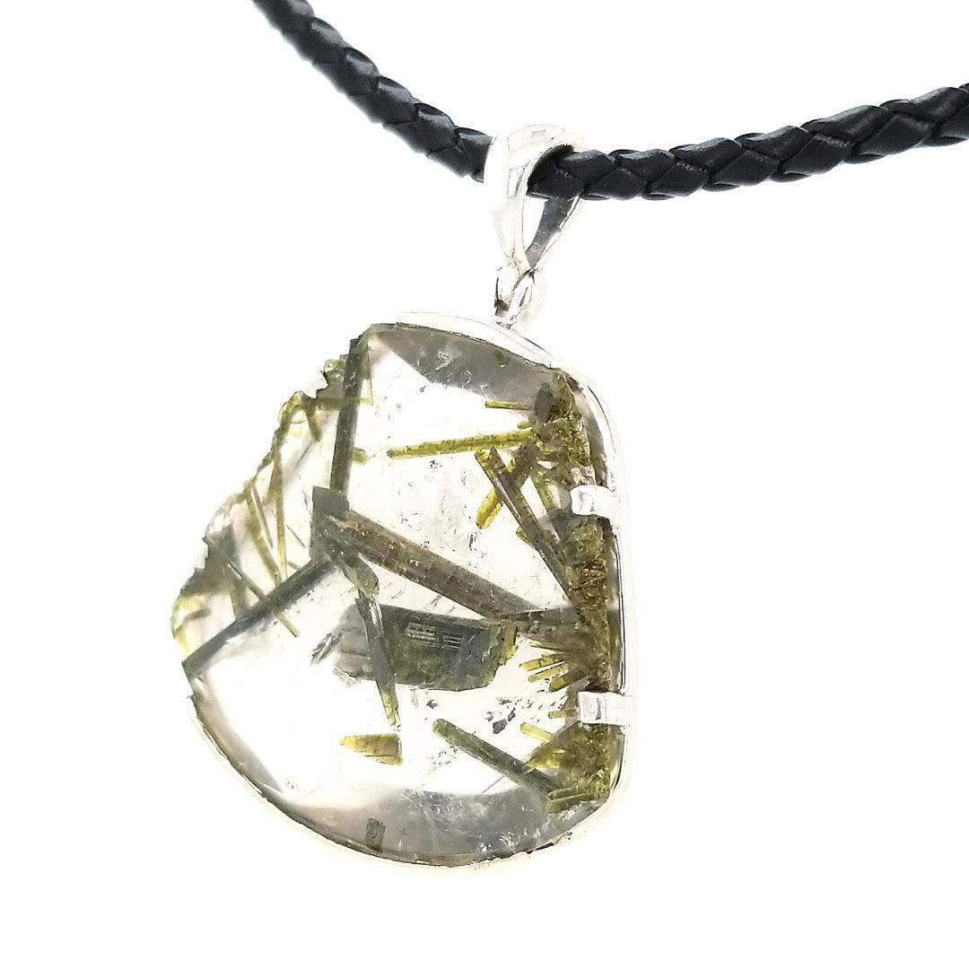 “The Emanate” - Epidote in Quartz Sterling Silver Pendant on an 18" Black Leather Cord - The Rutile Ltd