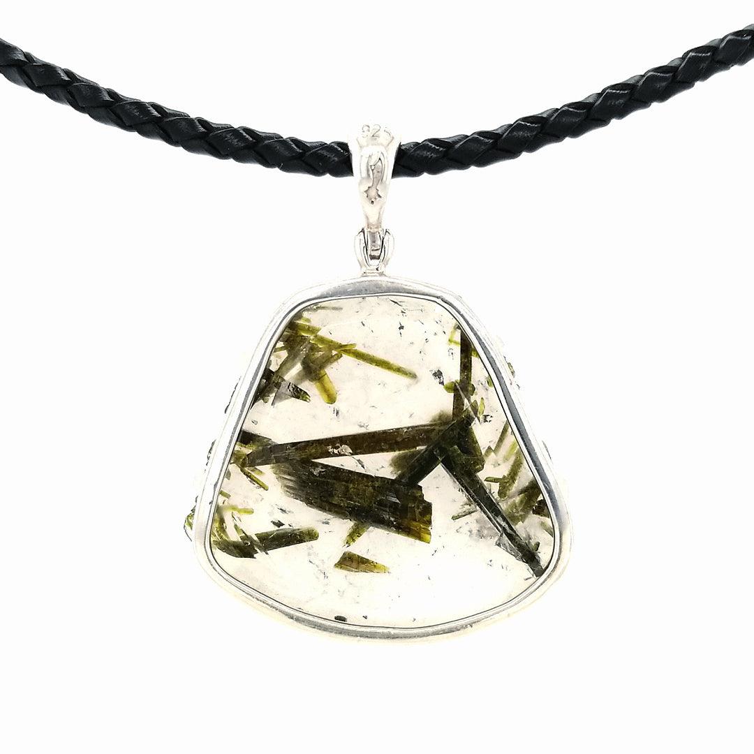 “The Emanate” - Epidote in Quartz Sterling Silver Pendant on an 18" Black Leather Cord - The Rutile Ltd