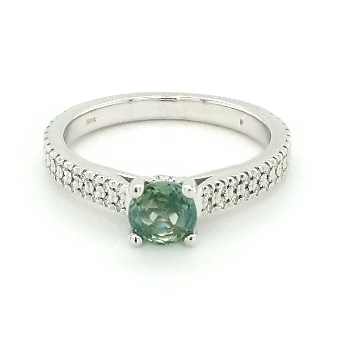 "The Entranced" - Bluish-Green Untreated Montana Sapphire and Diamond Ring in 14kt White Gold - The Rutile Ltd