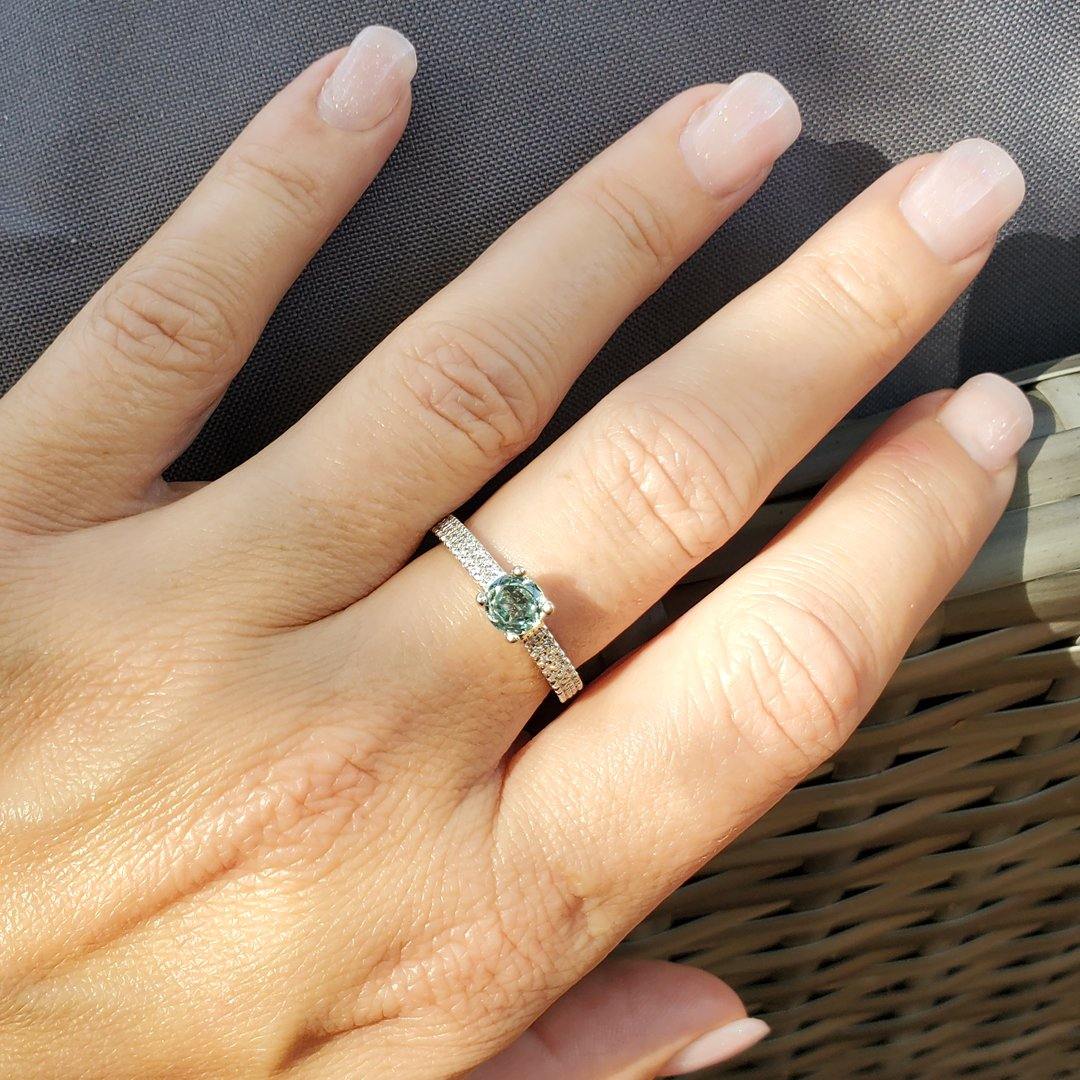 "The Entranced" - Bluish-Green Untreated Montana Sapphire and Diamond Ring in 14kt White Gold - The Rutile Ltd