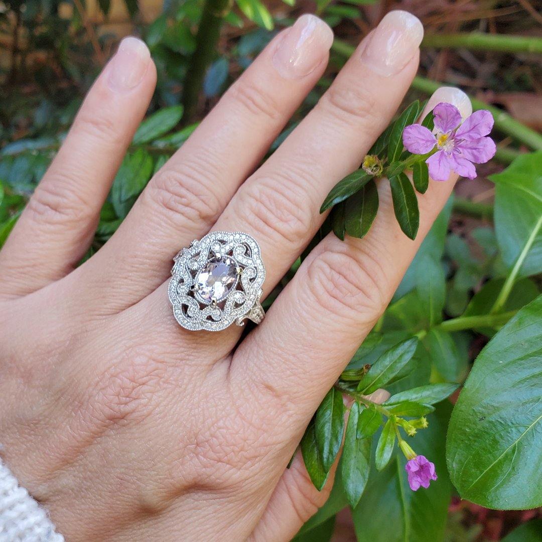 “The Lavandula” - Light Lavender Scapolite and Diamond Vintage Inspired 14kt White Gold Statement Ring - The Rutile Ltd