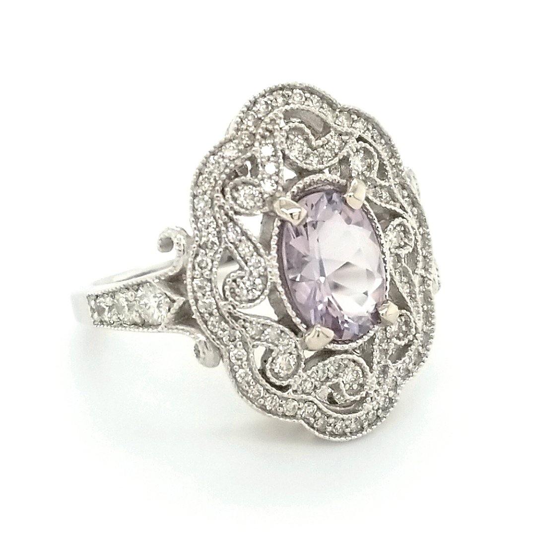 “The Lavandula” - Light Lavender Scapolite and Diamond Vintage Inspired 14kt White Gold Statement Ring - The Rutile Ltd