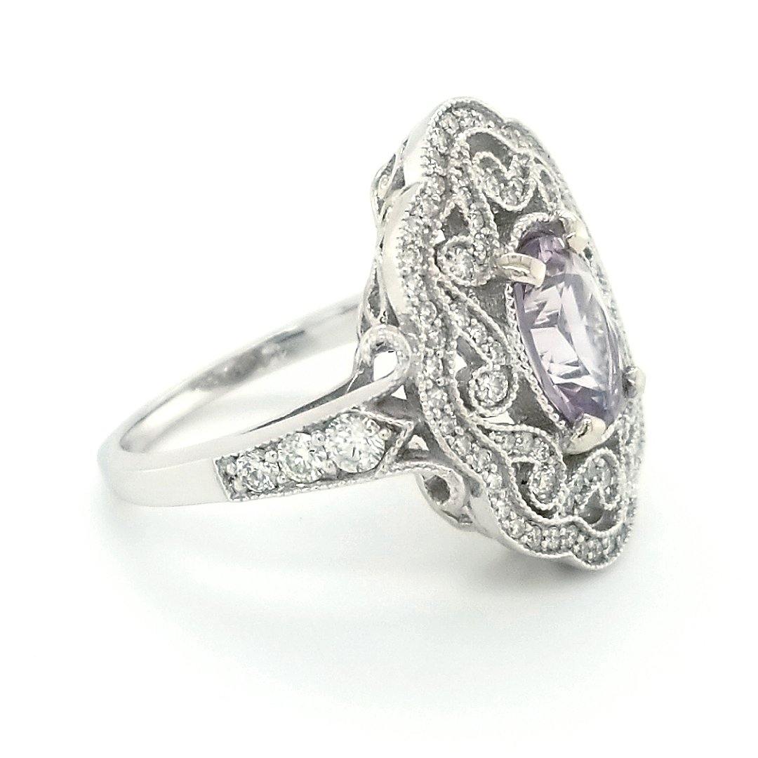 “The Lavandula” - Light Lavender Scapolite and Diamond Vintage Inspired 14kt White Gold Statement Ring - The Rutile Ltd