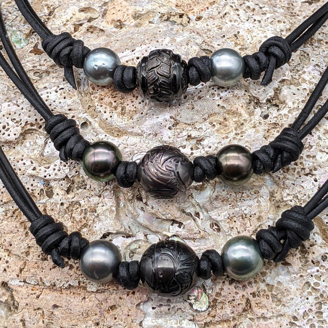 "The Surfer's Trilogy" - Handcarved Tahitian Pearl and Leather Necklace - The Rutile Ltd