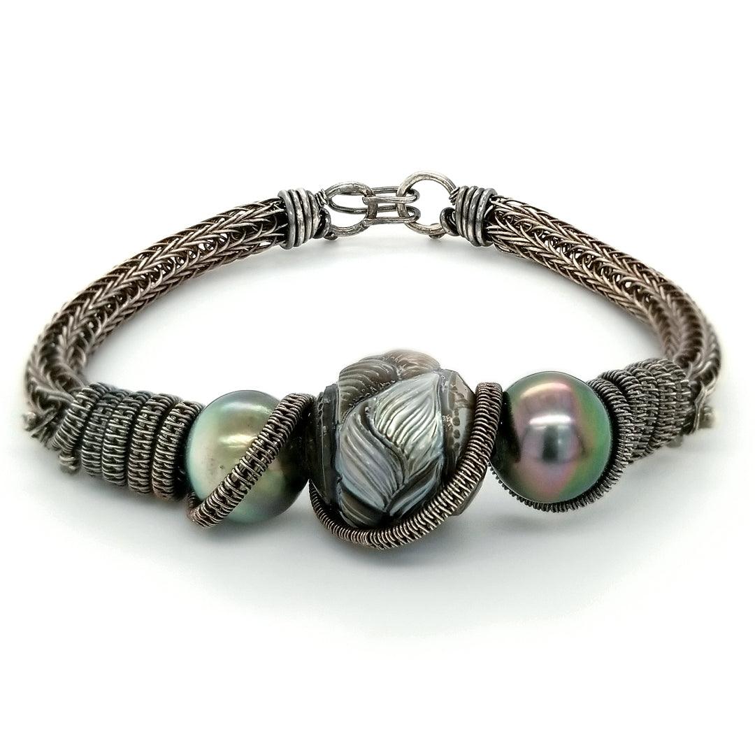"The Viking" - Handcarved Tahitian Pearl Bracelet in Silver - The Rutile Ltd