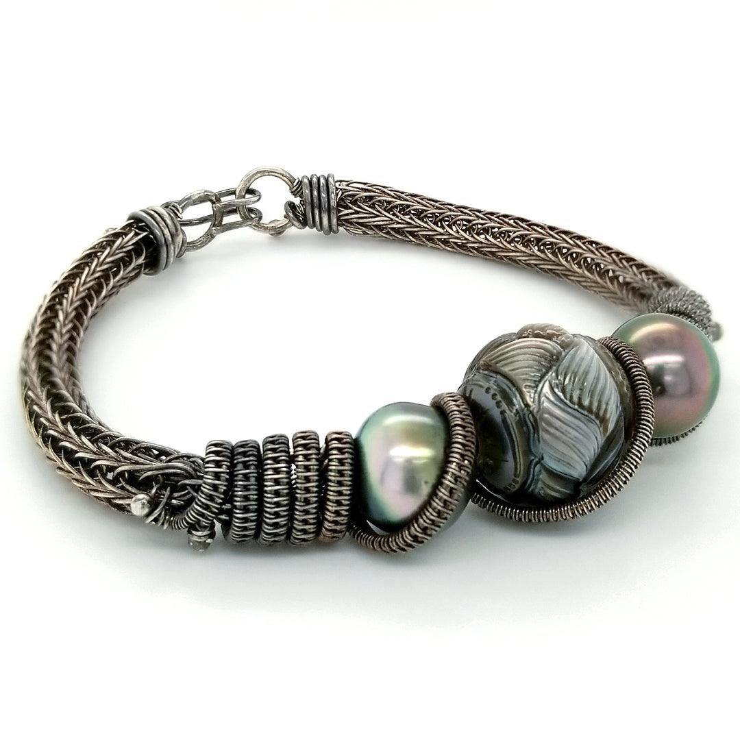 "The Viking" - Handcarved Tahitian Pearl Bracelet in Silver - The Rutile Ltd