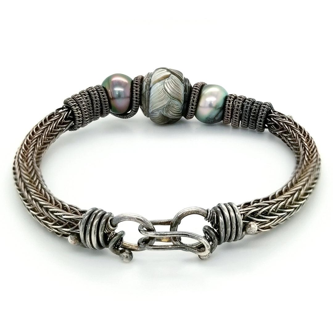 "The Viking" - Handcarved Tahitian Pearl Bracelet in Silver - The Rutile Ltd