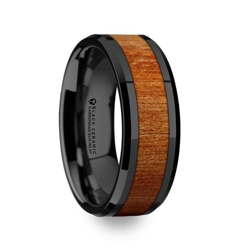 THRACIAN - Carpathian Wood Inlaid Black Ceramic Ring with Bevels - 6mm or 8mm - The Rutile Ltd