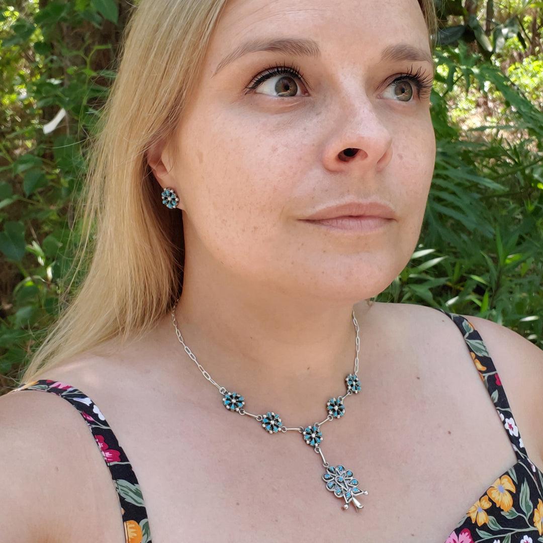 Tricia Leekaty Zuni Tribe Sterling Silver Turquoise Flower Necklace and Earrings Set - The Rutile Ltd