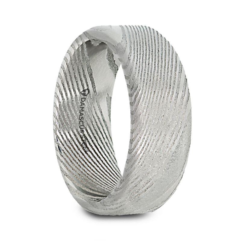 TYRELL - Damascus Steel Brushed Beveled Men’s Wedding Band with Repeating Artisan Pattern - 6mm & 8mm - The Rutile Ltd