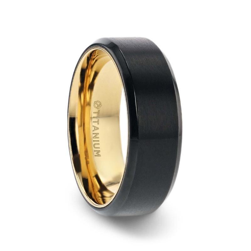 VELVET - Flat Brushed Black Titanium Men's Wedding Ring With Yellow Gold Plating Interior And Beveled Polished Edges - 8mm - The Rutile Ltd