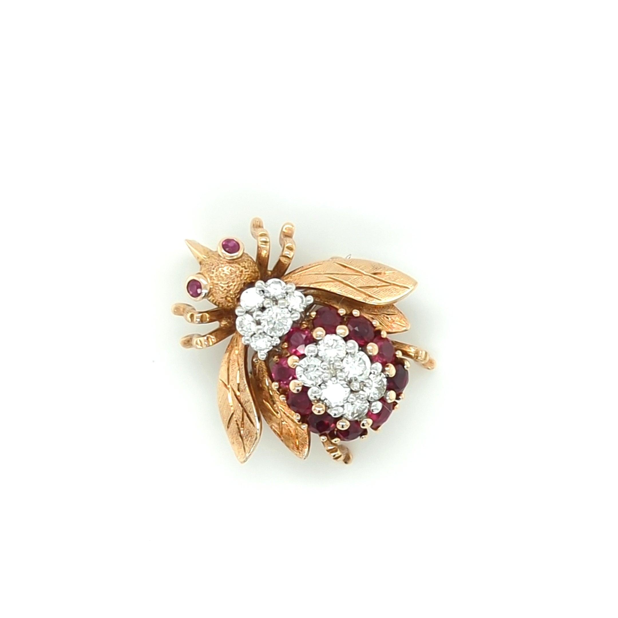 Vintage Ruby and Diamond Bee Brooch in 14kt Yellow Gold by Frank J. Golden - The Rutile Ltd