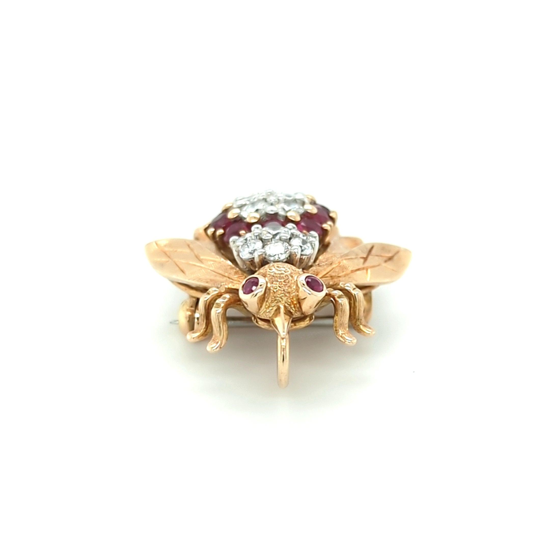 Vintage Ruby and Diamond Bee Brooch in 14kt Yellow Gold by Frank J. Golden - The Rutile Ltd