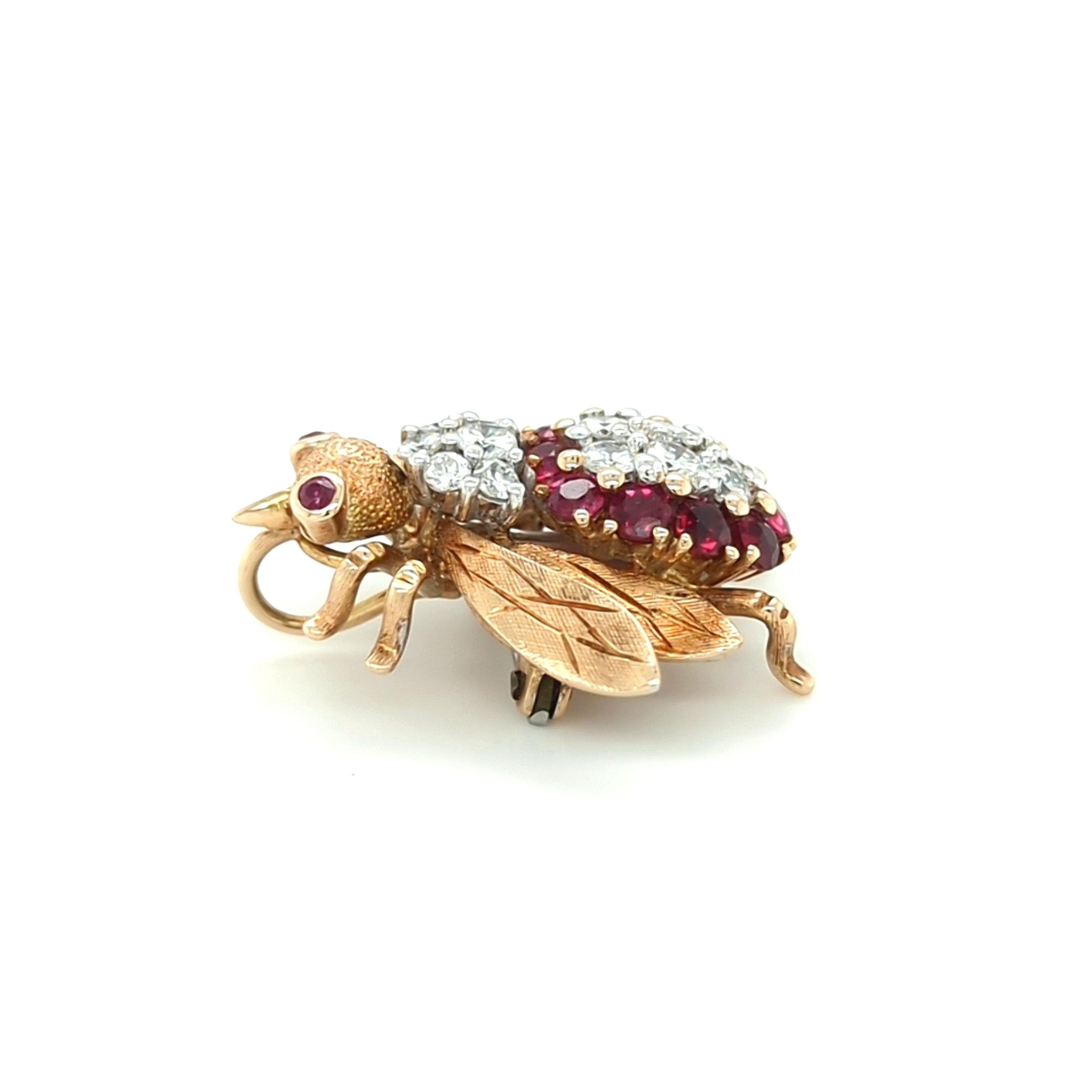 Vintage Ruby and Diamond Bee Brooch in 14kt Yellow Gold by Frank J. Golden - The Rutile Ltd