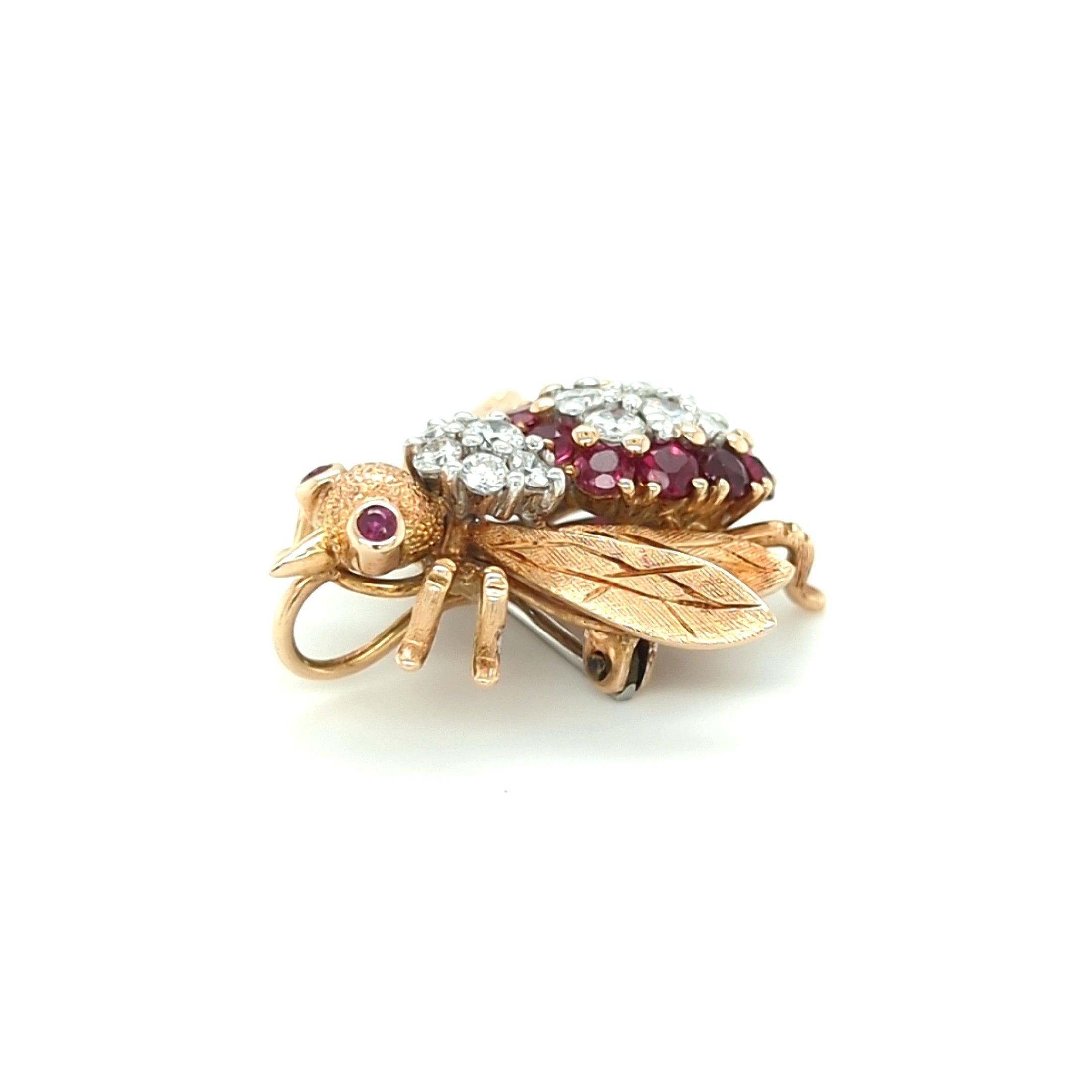 Vintage Ruby and Diamond Bee Brooch in 14kt Yellow Gold by Frank J. Golden - The Rutile Ltd