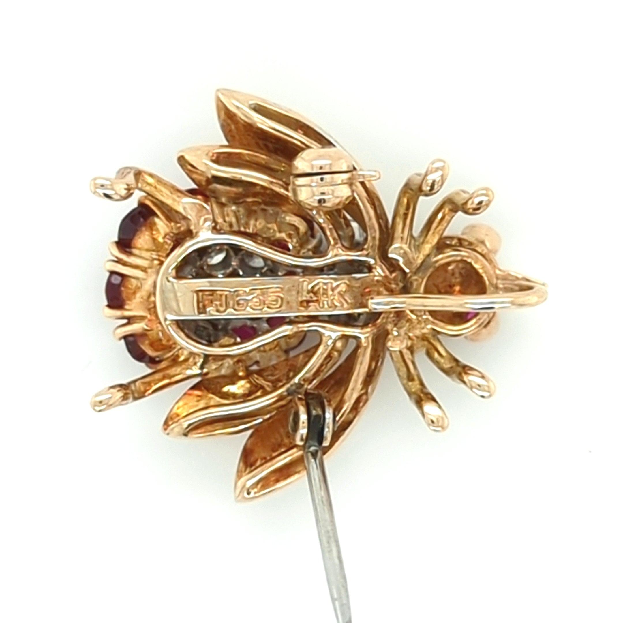 Vintage Ruby and Diamond Bee Brooch in 14kt Yellow Gold by Frank J. Golden - The Rutile Ltd