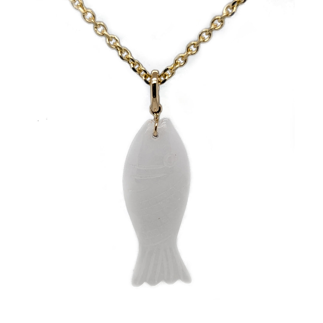 White Burmese Jadeite Fish in 14kt Yellow Gold by Mason Kay Jade