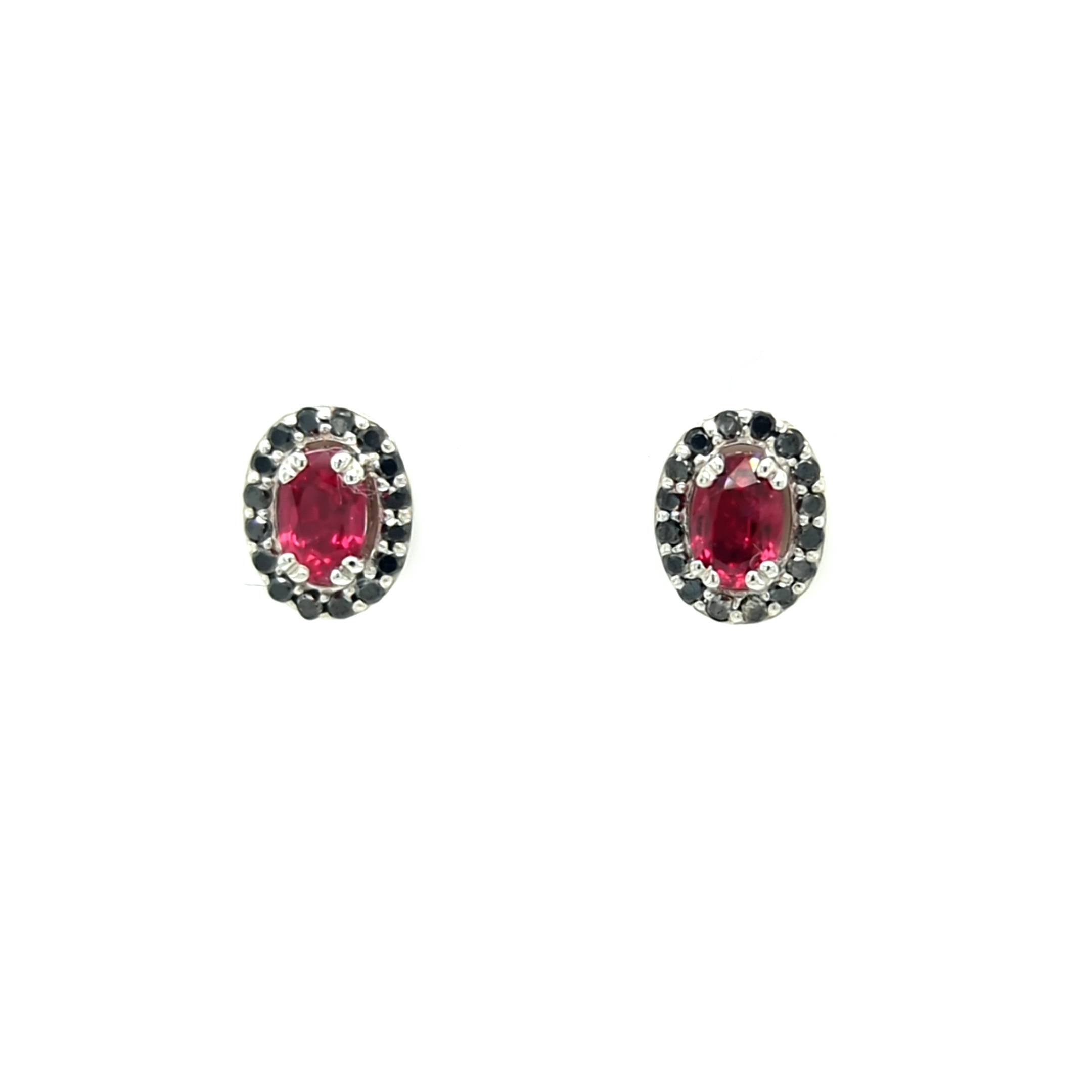 Ruby and Black Diamond Halo Stud Earrings in 14k White Gold