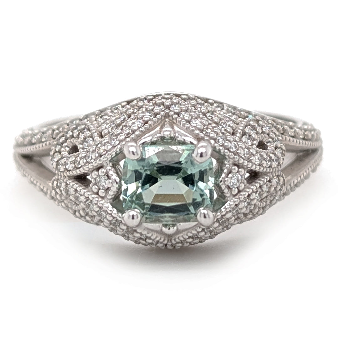 "Nevada Sky" Mint Green Beryl set in 14kt White Antique Style Mounting with 0.38ct natural diamonds