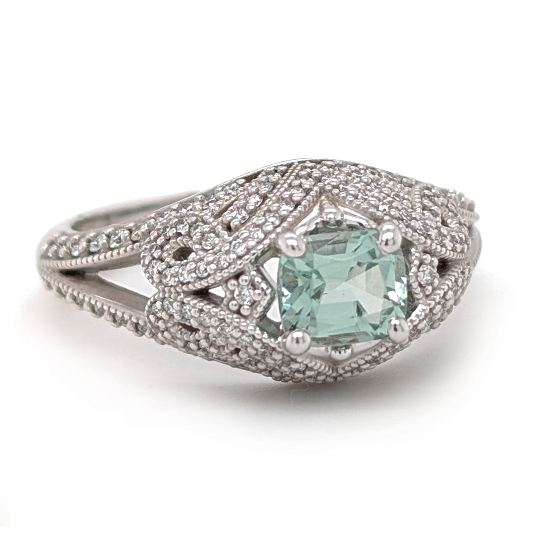 "Nevada Sky" Mint Green Beryl set in 14kt White Antique Style Mounting with 0.38ct natural diamonds