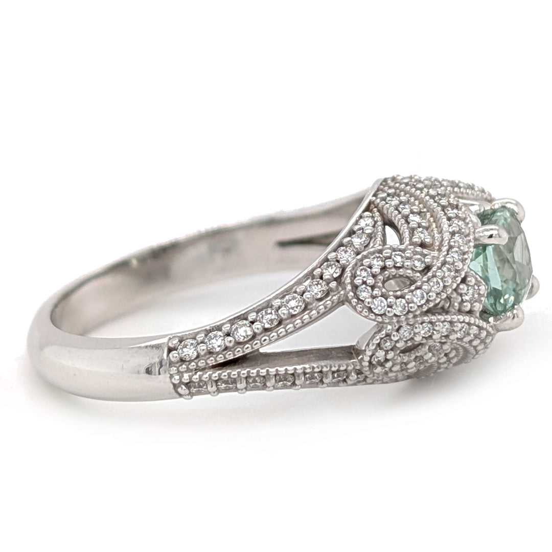 "Nevada Sky" Mint Green Beryl set in 14kt White Antique Style Mounting with 0.38ct natural diamonds