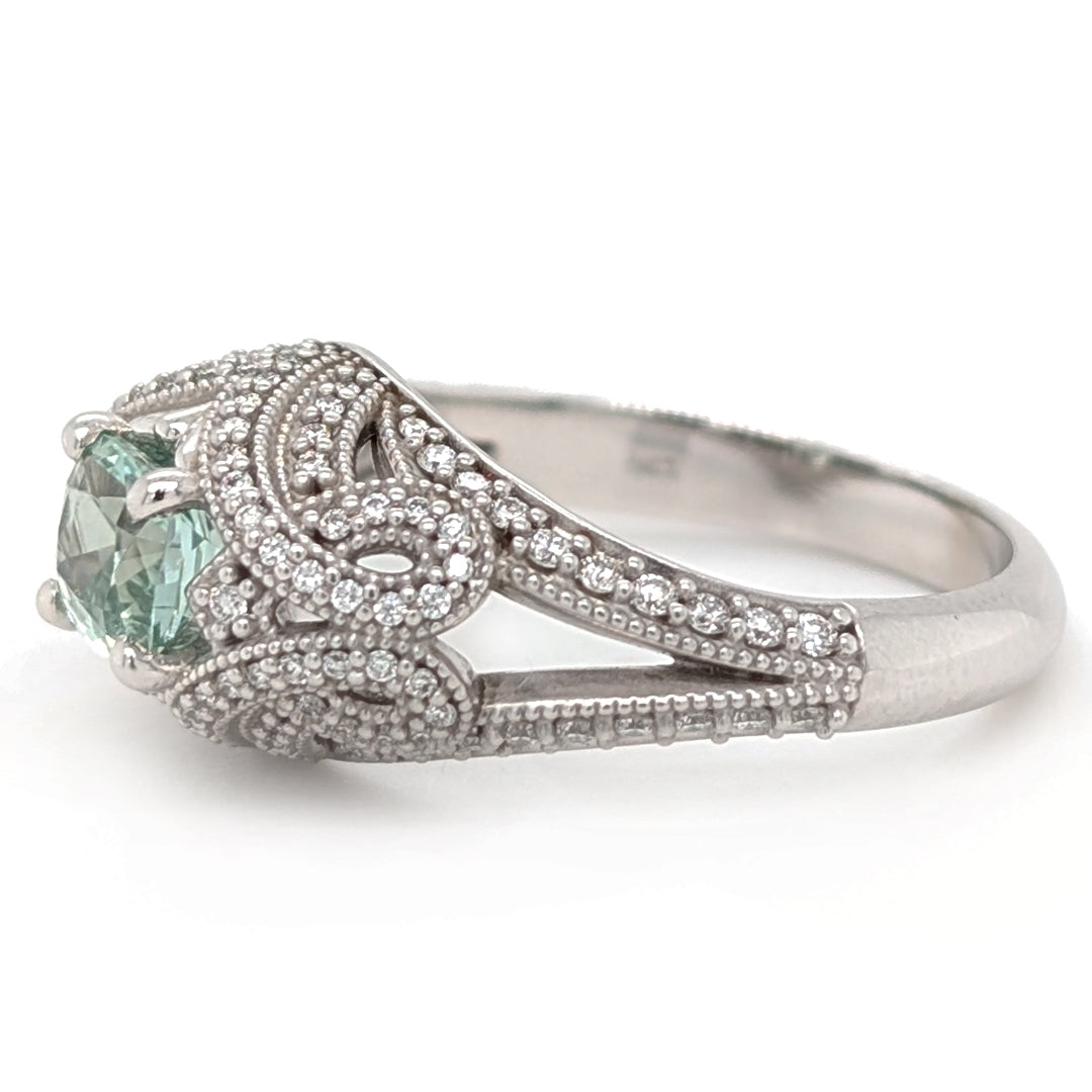 "Nevada Sky" Mint Green Beryl set in 14kt White Antique Style Mounting with 0.38ct natural diamonds