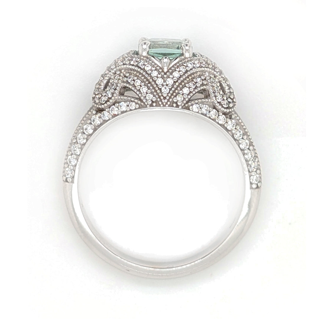 "Nevada Sky" Mint Green Beryl set in 14kt White Antique Style Mounting with 0.38ct natural diamonds