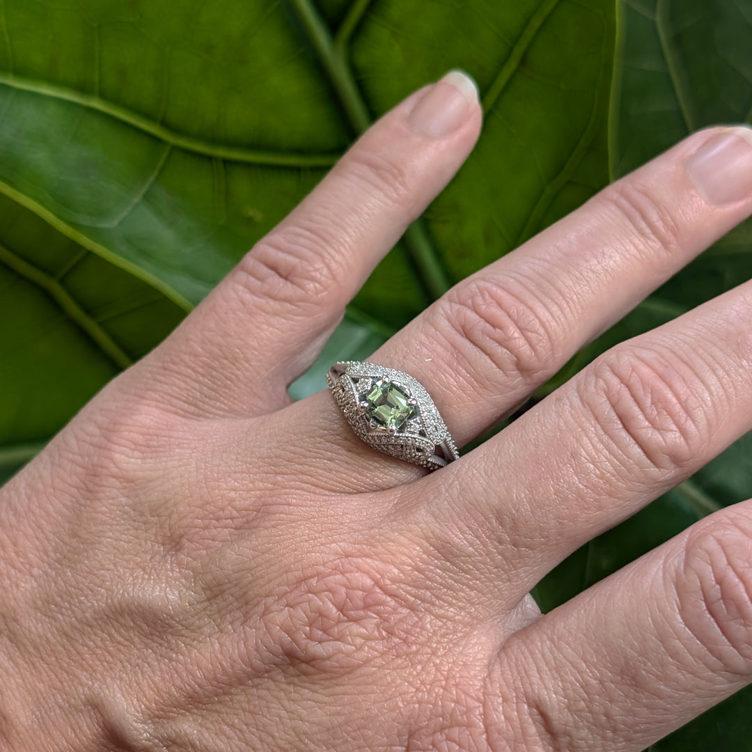 "Nevada Sky" Mint Green Beryl set in 14kt White Antique Style Mounting with 0.38ct natural diamonds