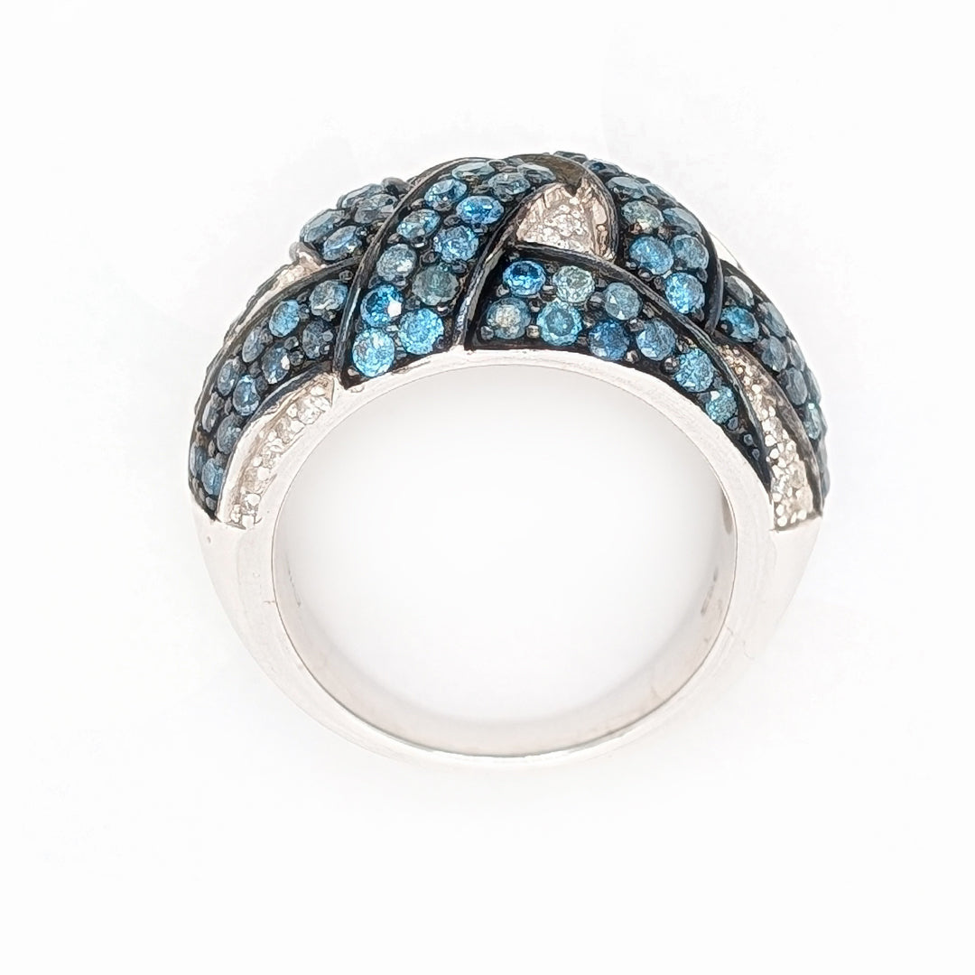 Blue and White Diamond Dome Ring in Sterling Silver