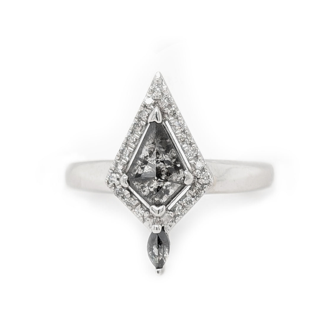 Kite Shaped Salt & Pepper Diamond Ring with White Diamond Halo and Salt & Pepper Marquise Accent in 14kt White Gold