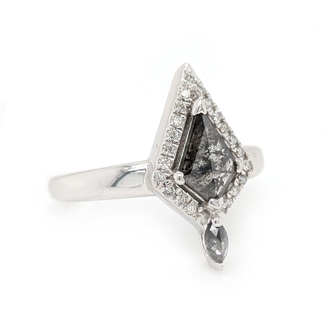 Kite Shaped Salt & Pepper Diamond Ring with White Diamond Halo and Salt & Pepper Marquise Accent in 14kt White Gold