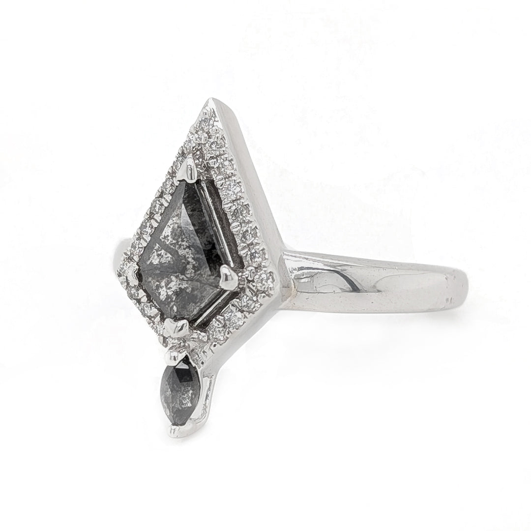 Kite Shaped Salt & Pepper Diamond Ring with White Diamond Halo and Salt & Pepper Marquise Accent in 14kt White Gold