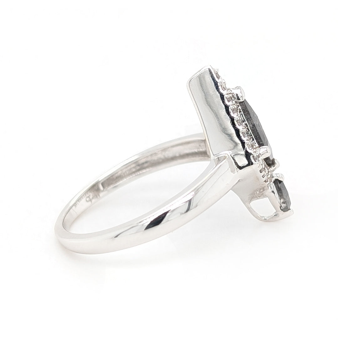 Kite Shaped Salt & Pepper Diamond Ring with White Diamond Halo and Salt & Pepper Marquise Accent in 14kt White Gold