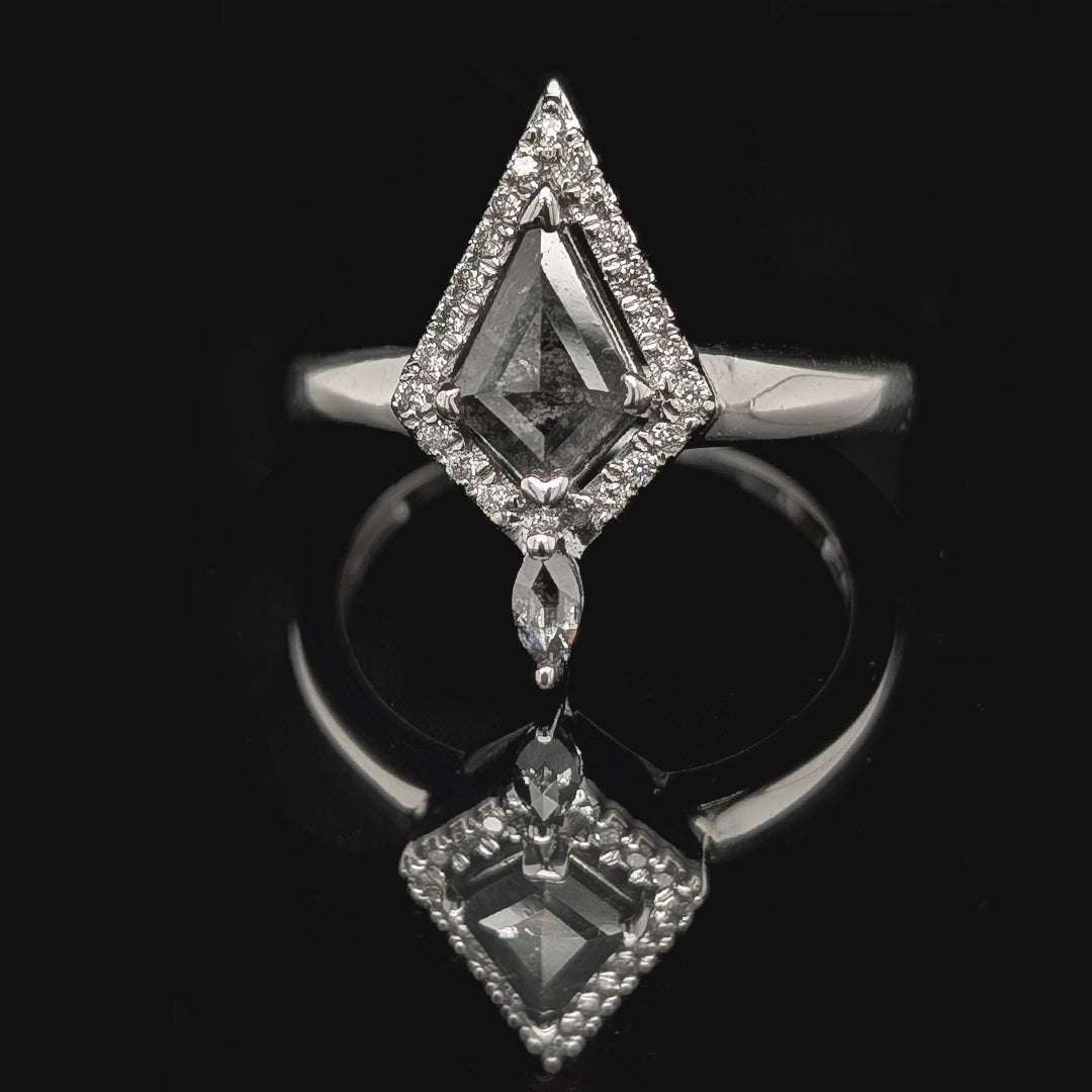 Kite Shaped Salt & Pepper Diamond Ring with White Diamond Halo and Salt & Pepper Marquise Accent in 14kt White Gold