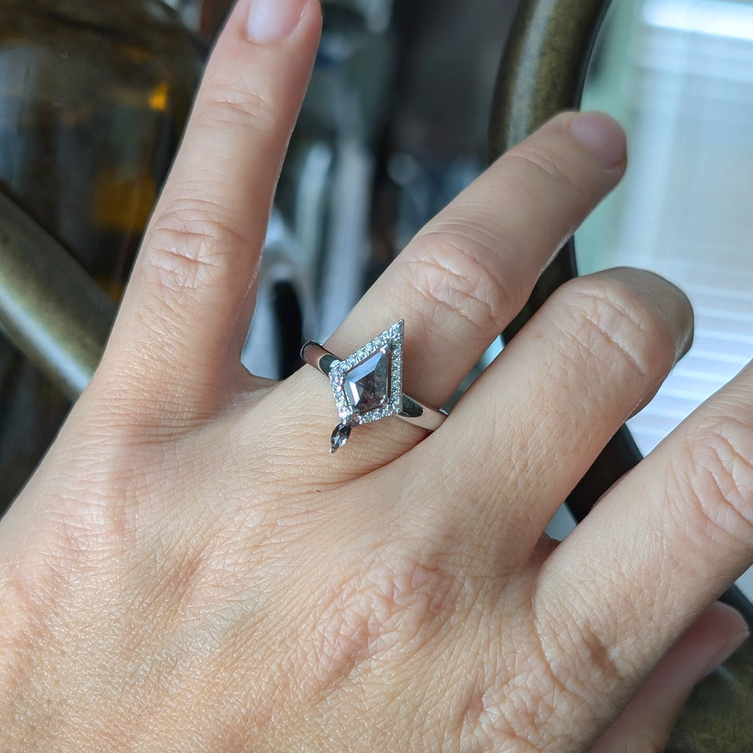 Kite Shaped Salt & Pepper Diamond Ring with White Diamond Halo and Salt & Pepper Marquise Accent in 14kt White Gold