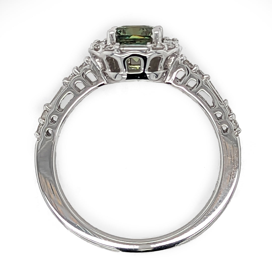 Demantoid Garnet and Baguette Diamond Ring in 14kt White Gold