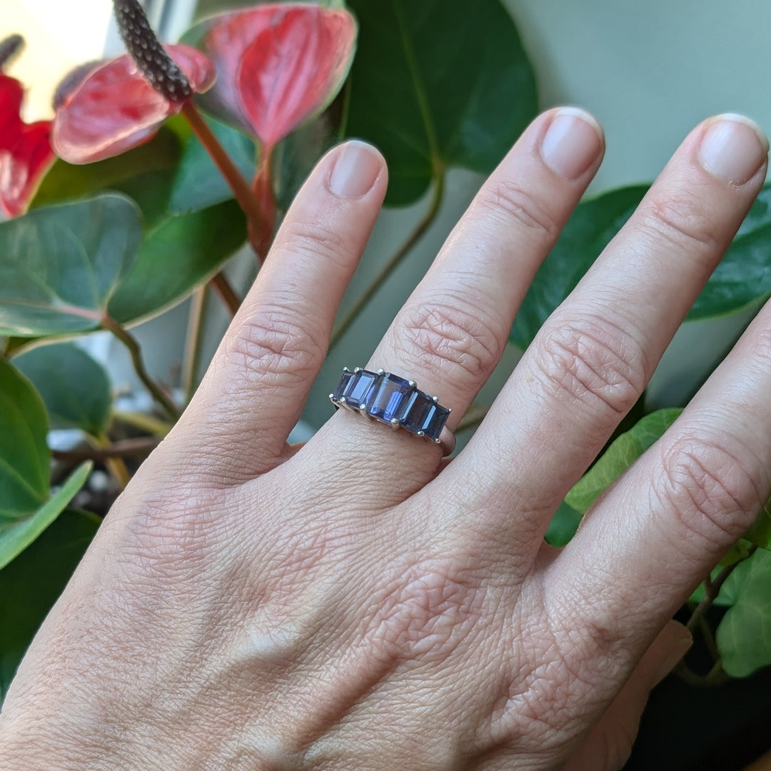 Iolite 5-Stone Emerald Cut Ring in 10t White Gold