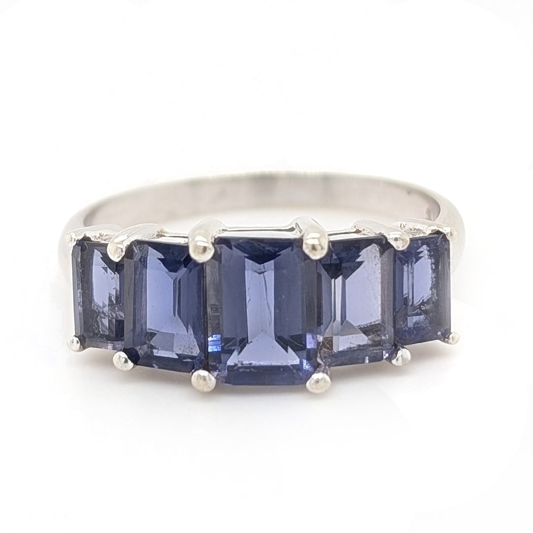 Iolite 5-Stone Emerald Cut Ring in 10t White Gold