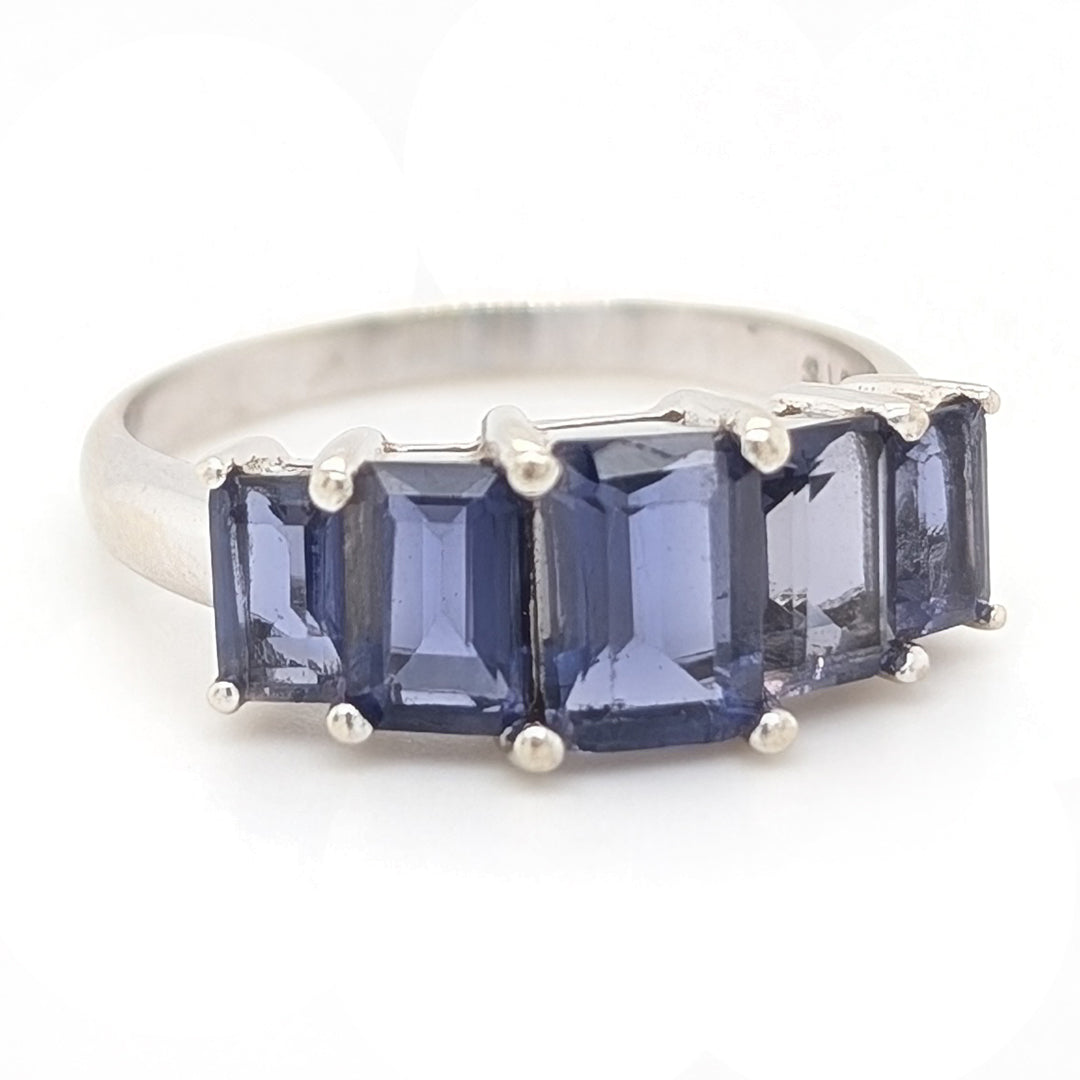 Iolite 5-Stone Emerald Cut Ring in 10t White Gold