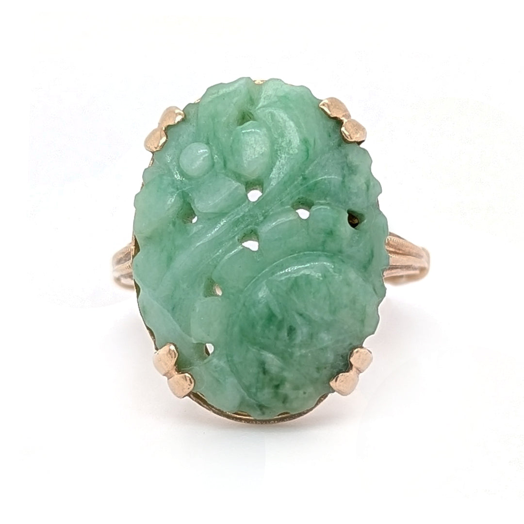 Carved Jadeite Estate Ring in 10k Yellow Gold