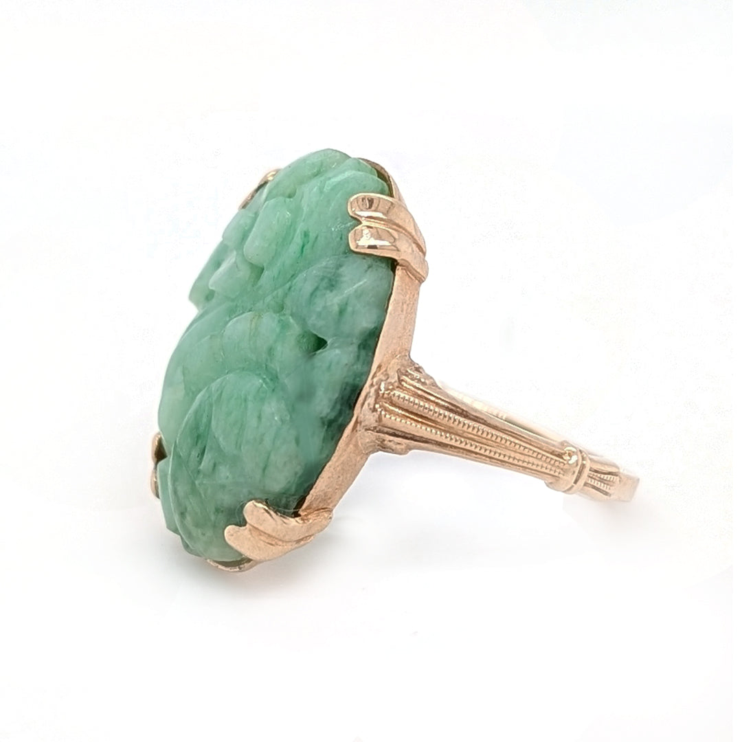 Carved Jadeite Estate Ring in 10k Yellow Gold