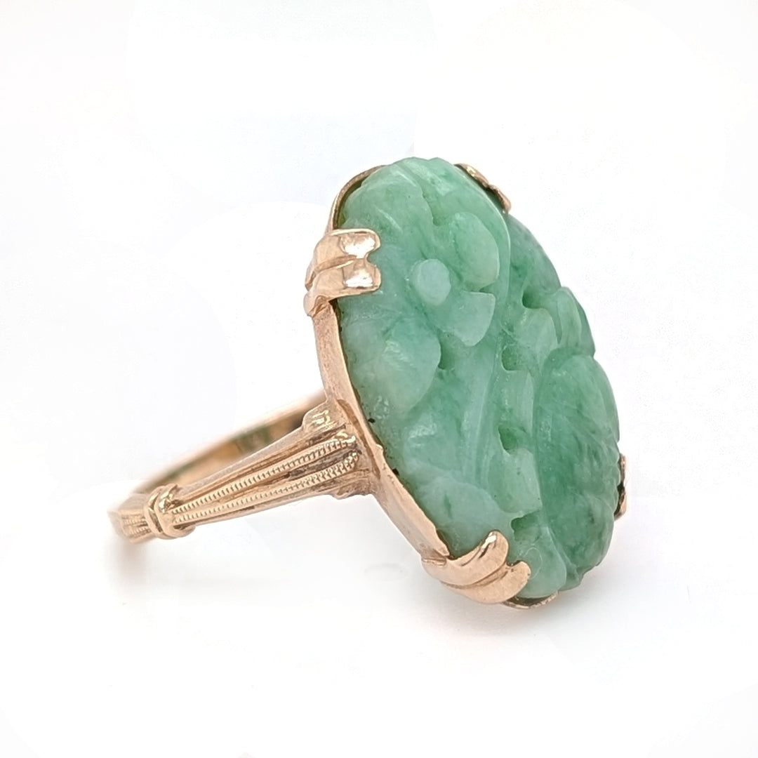 Carved Jadeite Estate Ring in 10k Yellow Gold