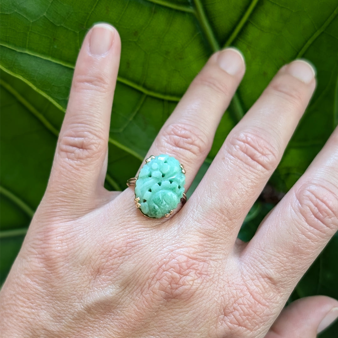 Carved Jadeite Estate Ring in 10k Yellow Gold