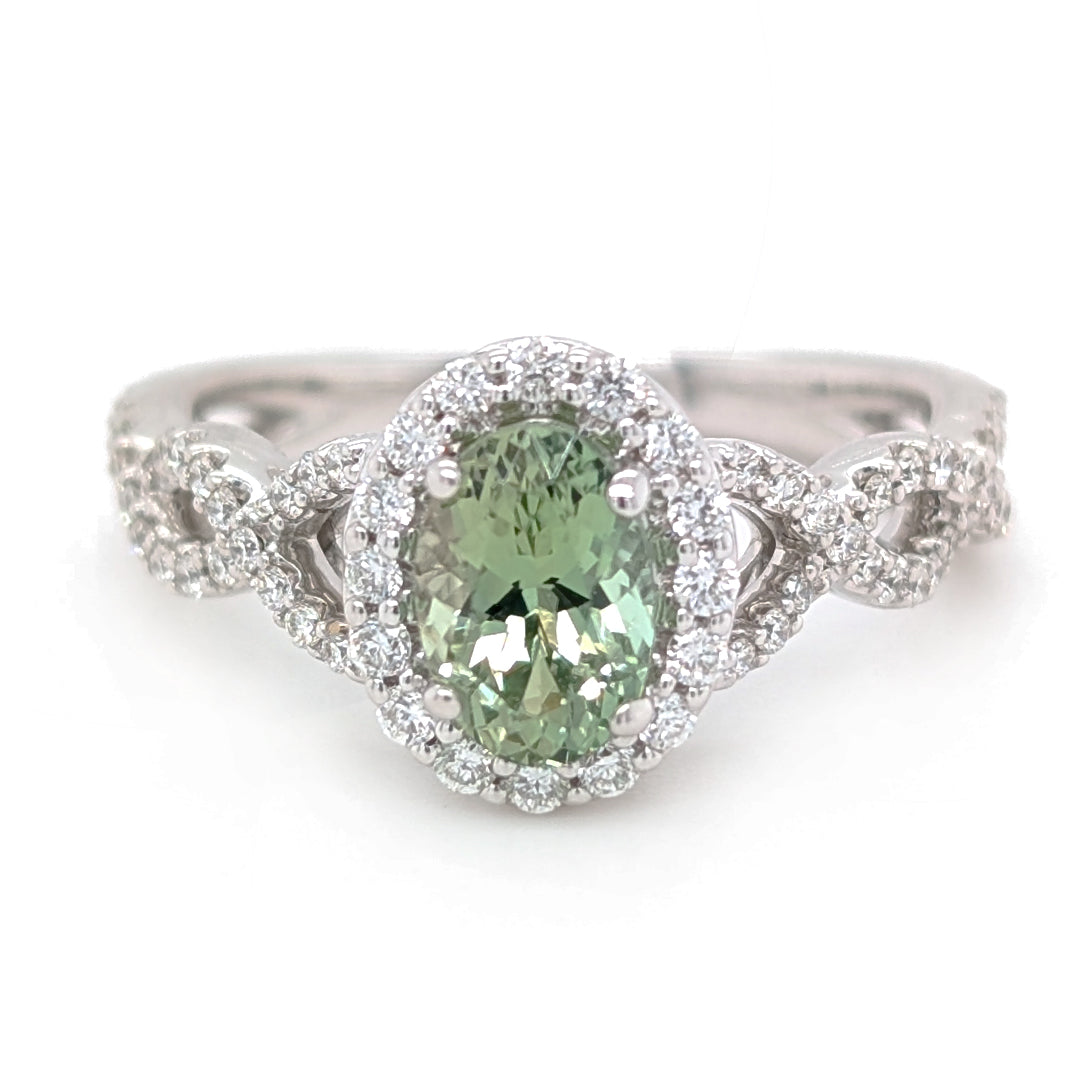 "Paramour" Mint Green Kornerupine set in 14kt White Gold Diamond Halo Ring