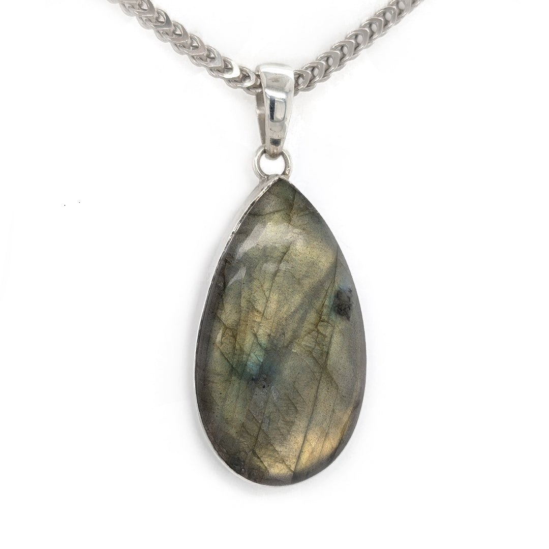 Golden Labradorite Sterling Silver Pendant on 20" Square Curb Chain