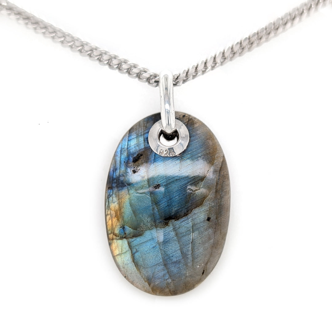 Oval Labradorite Grommet Pendant with 18" Sterling Silver Curb Chain