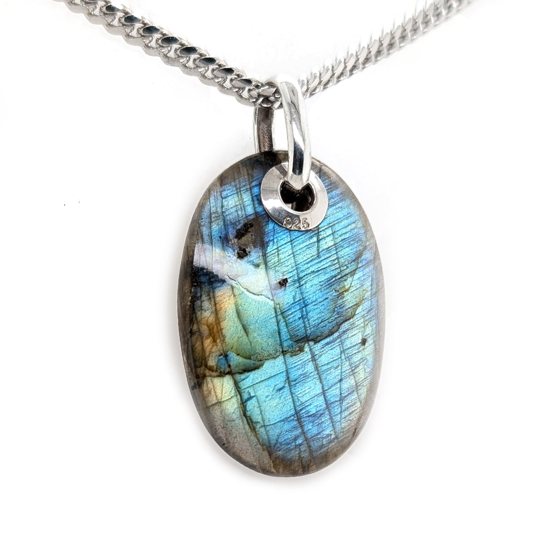 Oval Labradorite Grommet Pendant with 18" Sterling Silver Curb Chain